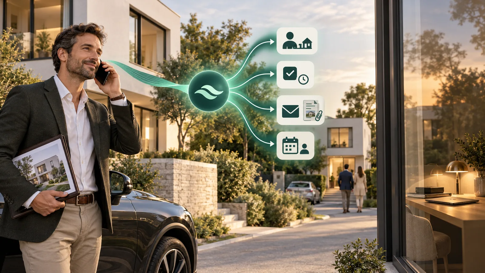 Makler telefoniert unterwegs am Auto, während Kontakt, Aufgabe, E-Mail und Termin automatisch entstehen