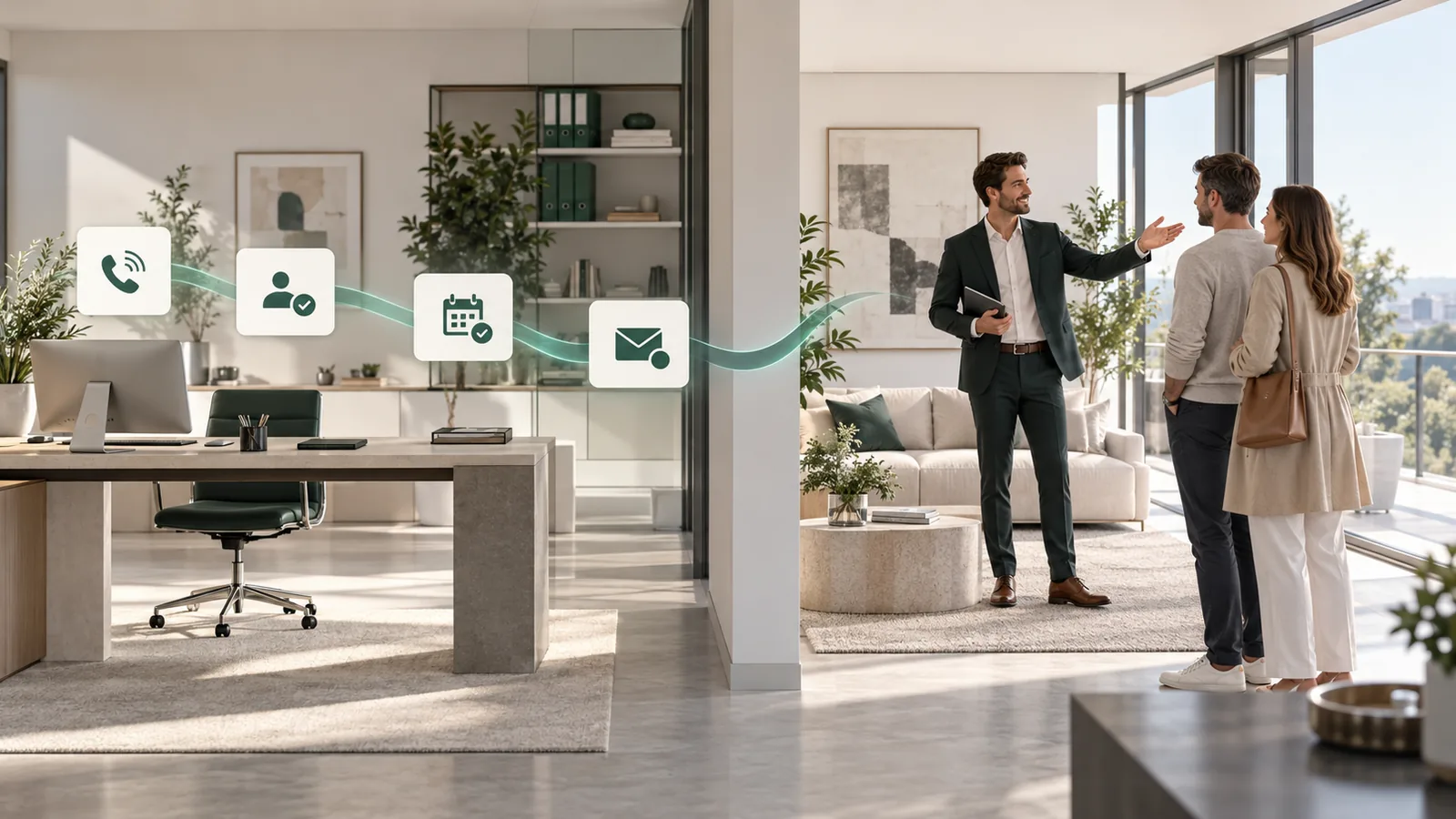 Modernes Maklerbüro am Abend – KI als unsichtbare Infrastruktur