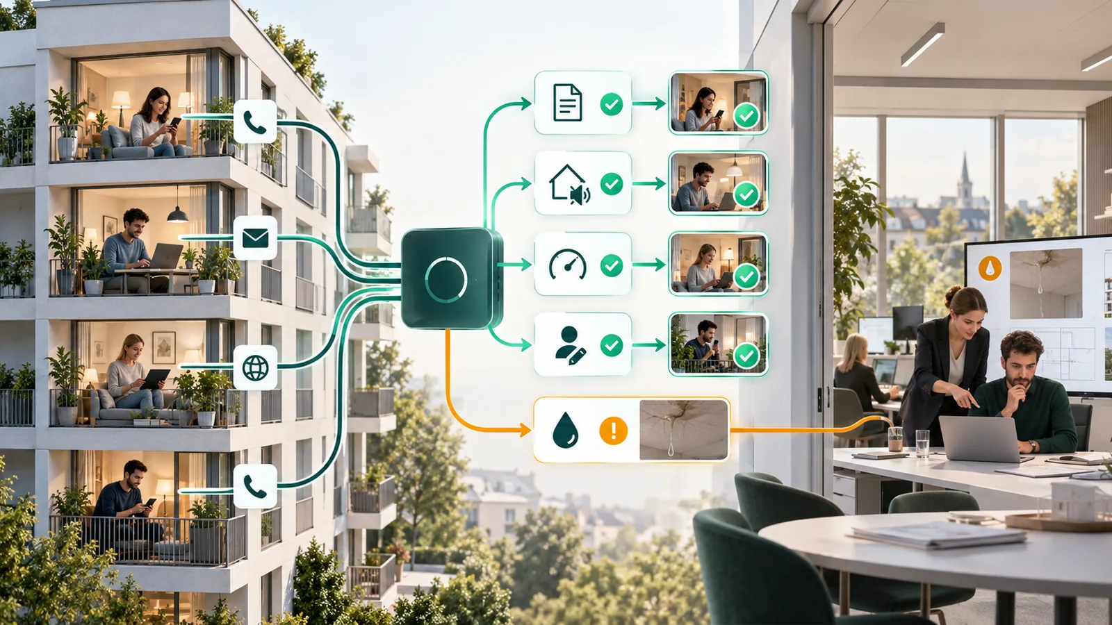Mieteranfragen aus einem Wohngebäude laufen über einen KI-Telefonassistenten: Standardanliegen werden automatisch erledigt, ein Wasserschaden geht an das Verwaltungsteam
