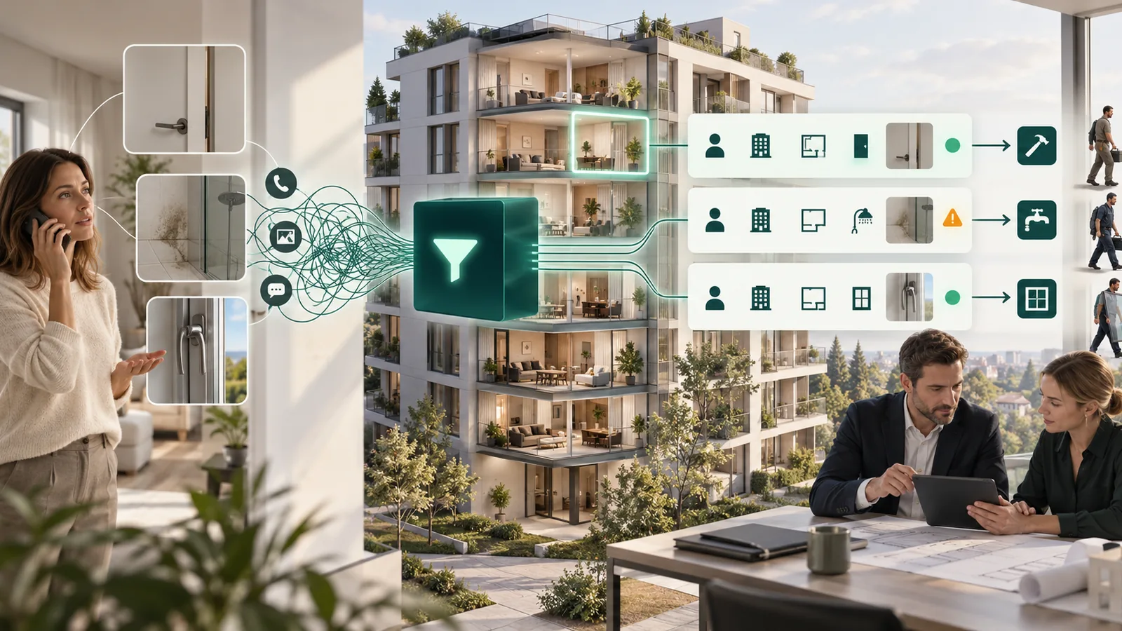 Eine Käuferin meldet nach der Übergabe Mängel per Telefon; die Meldungen werden nach Einheit, Ort und Bauteil strukturiert, priorisiert und an die zuständigen Gewerke übergeben